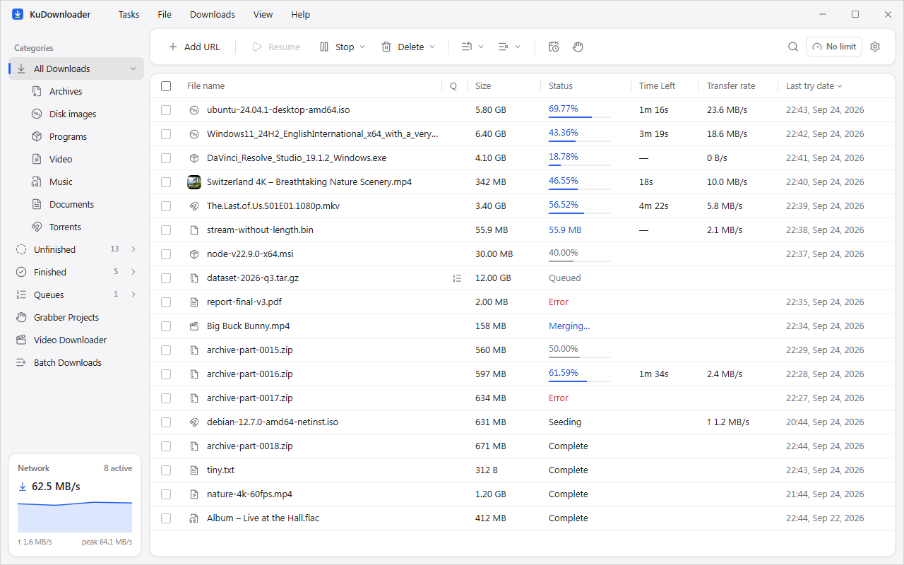 KuDownloader's main window with a list of downloads and the speed graph